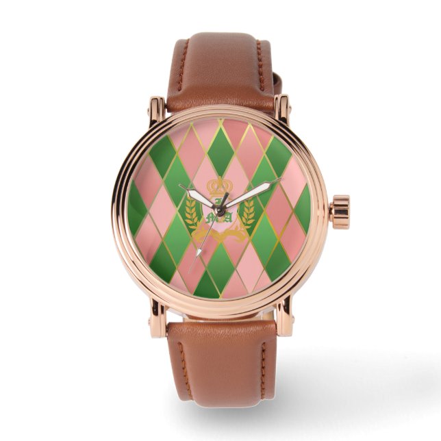 Relógio Xadrez Escocês Rosa e Verde com Monograma (Frente)
