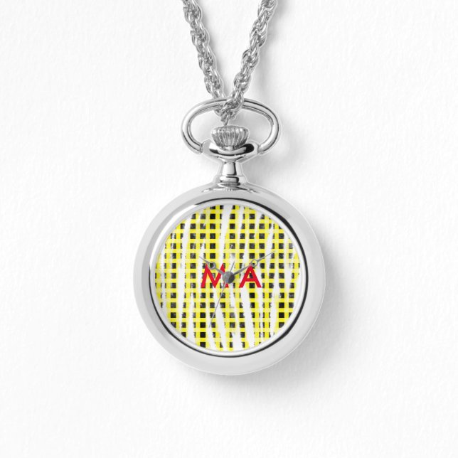 Relógio Yellow Black checkboard add name monograma name le (Frente)