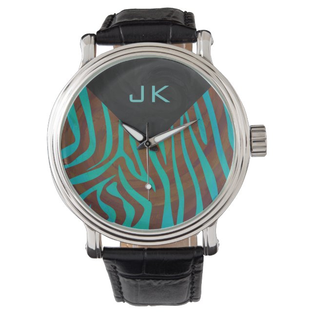 Relógio Zebra Brown e Teal com Monograma (Frente)