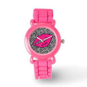 Relógio Zebra Simples com Lábios Rosa Personalizados