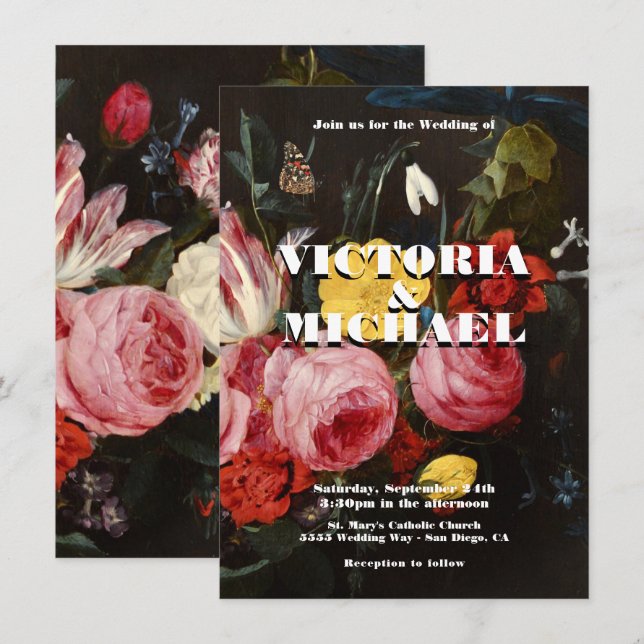 Rembrandt Floral Dark & Moody Wedding Convite (Frente/Verso)