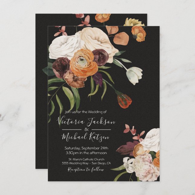 Rembrandt Floral Dark & Moody Wedding Convite (Frente/Verso)