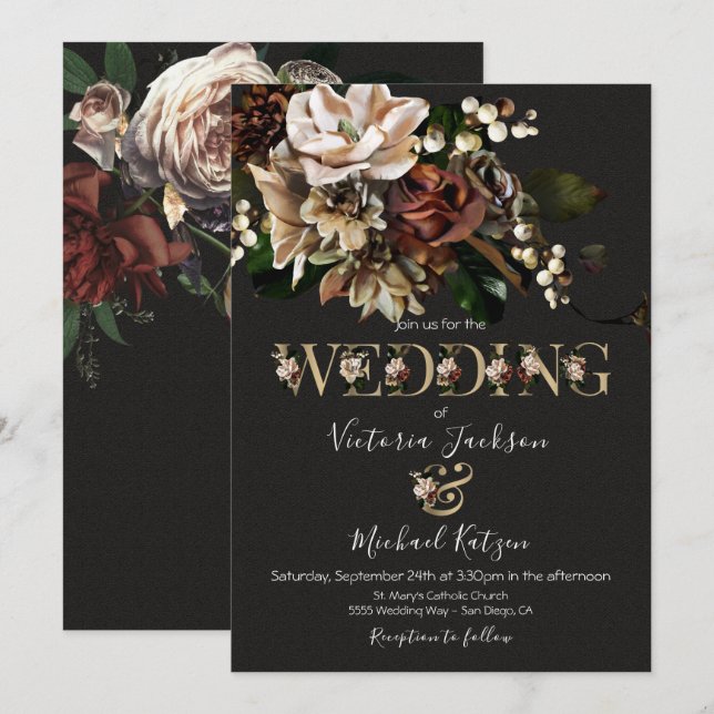 Rembrandt Floral Dark & Moody Wedding Convite (Frente/Verso)