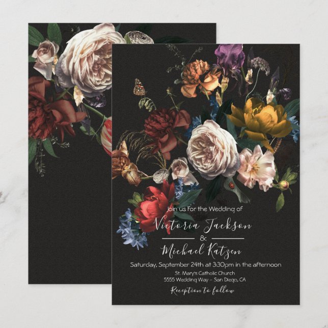 Rembrandt Floral Dark & Moody Wedding Convite (Frente/Verso)