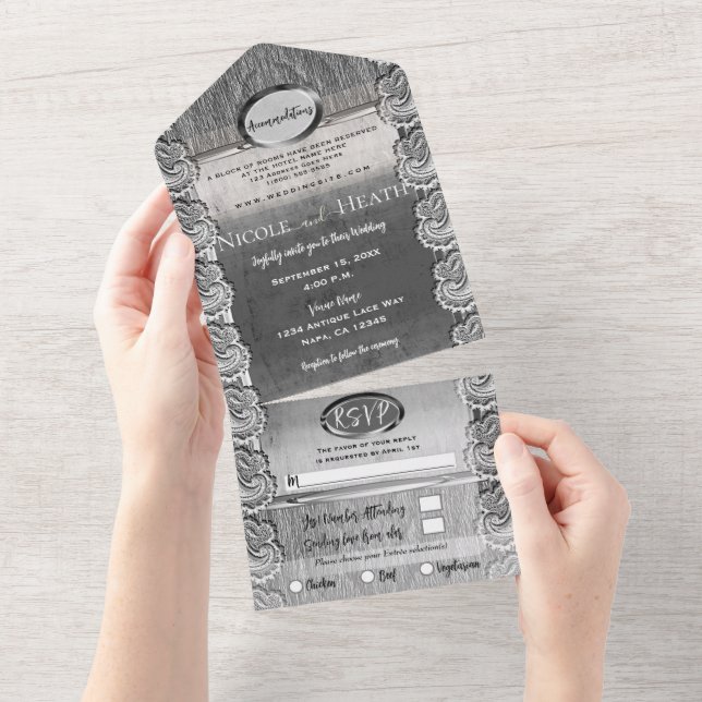 Renda Branca Antiga Cinza Madeira Prata Casamento (Aba destacável)