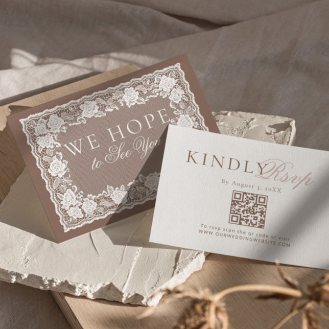 Renda Vintage Bege Casamento Código QR RSVP Dinhei (Criador carregado)