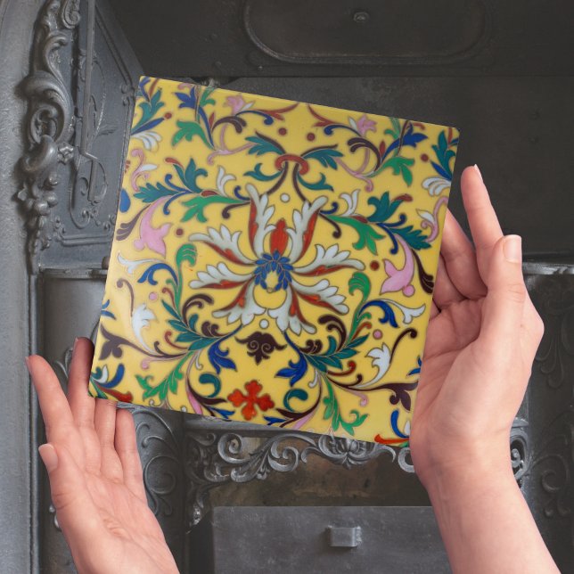 Repro Vintage Minton Yellow Floral English Azulejo (vintage reproduction victorian yellow floral tiles for fireplace)