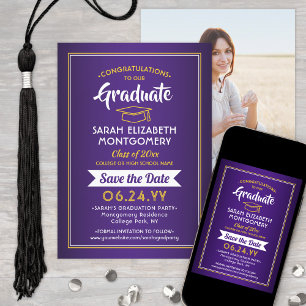 Reserve A Data 1 Graduação de Foto Elegante Roxo e Dourado Amarel