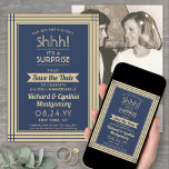 Reserve A Data 1 Marinho do Surpresa do Aniversário de Foto Azul<br><div class="desc">Você pode guardar um segredo? Convide familiares e amigos para uma festa elegante e excitante de aniversário surpresa com marinho de fotos personalizado azul e ouro para salvar os convites de data. Imagem e toda a redação desta modelo são simples de personalizar, incluindo a mensagem que diz "Shhh! É uma...</div>