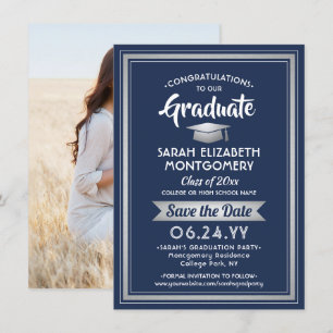 Reserve A Data 1 Marinho Elegante para Graduação de Fotos Azul e 