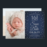 Reserve A Data 2 Foto Doce 16 Marinho Azul Confetti<br><div class="desc">Convide a família e os amigos para uma próxima 16ª celebração do Sweet para ela ou para ele com este marinho azul na moda 2, cinzas e prata faux 3, 5x5", salve o convite para a data. Design apresenta duas imagens de sua escolha, caligrafia moderna, elegante vintage art deco inspirou...</div>