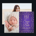 Reserve A Data 2 Foto Quinceanera Elegante Roxo Glitter Dourado<br><div class="desc">O tempo voa! Convide a família e amigos para uma elegante celebração da Quinceañera para ela com este na moda 2 foto roxo e ouro 3, 5"x5", salve o convite de data. (DICA DE IMAGEM: Uma maneira fácil de centralizar uma foto exatamente como você deseja é recortá-la antes de carregá-la...</div>