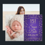 Reserve A Data 2 Foto Quinceanera Elegante Roxo Glitter Dourado<br><div class="desc">O tempo voa! Convide a família e amigos para uma elegante celebração da Quinceañera para ela com este na moda 2 foto roxo e ouro 3, 5"x5", salve o convite de data. (DICA DE IMAGEM: Uma maneira fácil de centralizar uma foto exatamente como você deseja é recortá-la antes de carregá-la...</div>