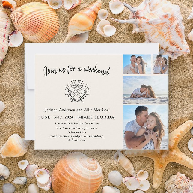Reserve A Data 4 Fotos Casamento de Destino na Praia com Conchas (4-photo beach wedding Save the Date card)