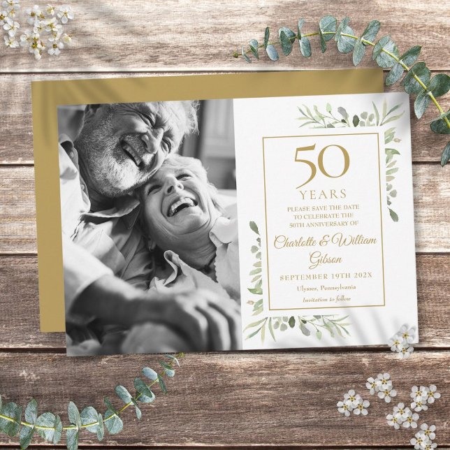 Reserve A Data 50ª Foto do Ouro Casamento Aniversário Greenery (50th Golden Wedding Anniversary Greenery Photo Save The Date)