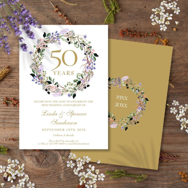 Reserve A Data 50º Aniversário de Bodas Floral (50th Golden Wedding Anniversary Floral Save The Date)