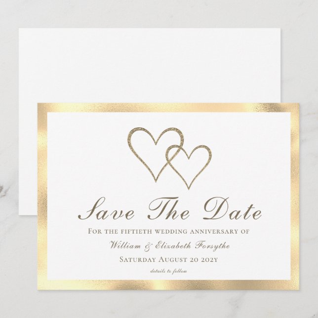 Reserve A Data 50º Aniversário de Casamento Corações Dourados (Frente/Verso)