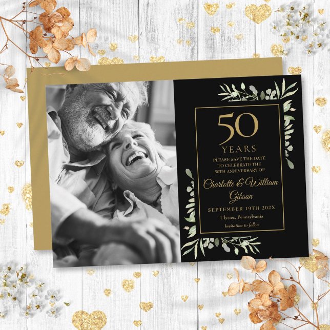 Reserve A Data 50º aniversário do casamento Greenery Black Foto D (50th Wedding Anniversary Greenery Black Gold Photo Save The Date)