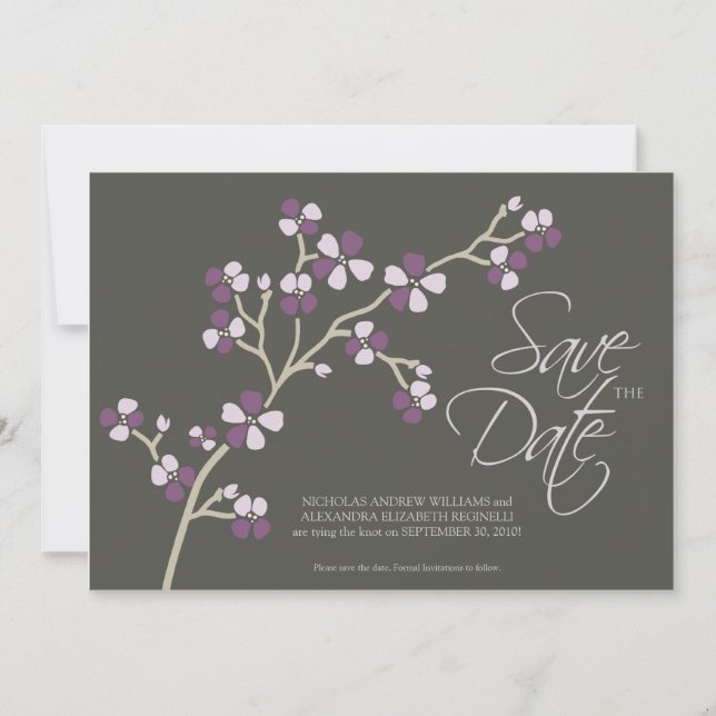 Reserve A Data 5X7 Cherry Blossom Designer Salvar Data: ameixa (Frente)