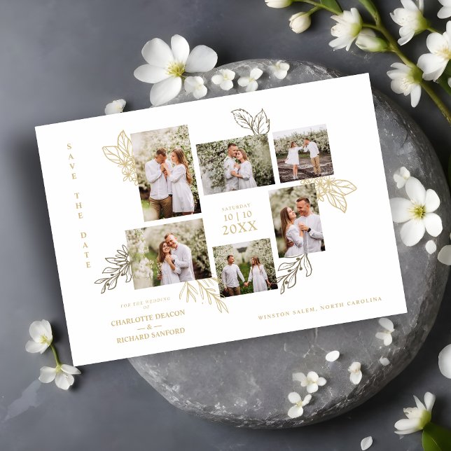 Reserve A Data 6 Photos Collage Wedding Botanical Branches Frame  (6 Photos Collage Wedding Botanical Branches Frame Save the Date Card with Envelope.)