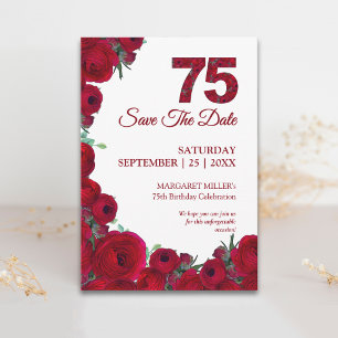 Reserve A Data 75 Anos Elegante Bold Vermelho Floral 75º Aniversá