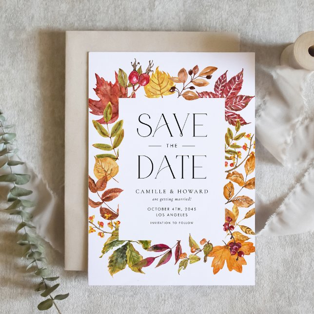 Reserve A Data A Navegação do outono deixa a queda do quadro (Customizable Fall Save the Date Announcement Card with Autumn Foliage Frame)
