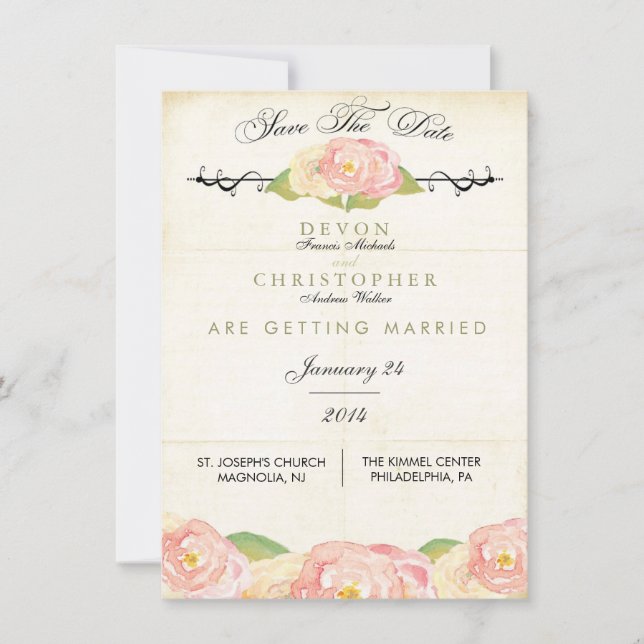Reserve A Data Abstrato Floral Rosa E Creme Guarde A Placa De Dat (Frente)