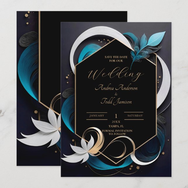 Reserve A Data Abstrato moderno, casamento elegante, branco, ouro (Frente/Verso)