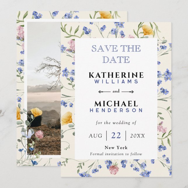 Reserve A Data Adicionar imagem & Aquarela de flores silvestres p (Frente/Verso)
