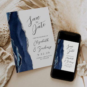 Reserve A Data Ágata Azul Marinho Prata Moderno Casamento Script
