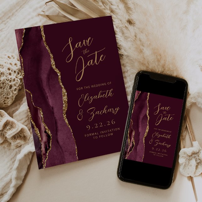 Reserve A Data Ágata Borgonha Dourado Casamento Salve a Data (Criador carregado)
