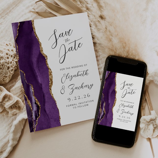 Reserve A Data Ágata Roxo Dourado Ameixa Moderno Casamento Script (Criador carregado)