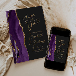 Reserve A Data Ágata Roxo Dourado Moderno Casamento Escuro