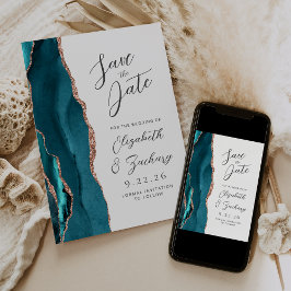 Reserve A Data Agate Teal Rose Gold Modern Script Wedding
