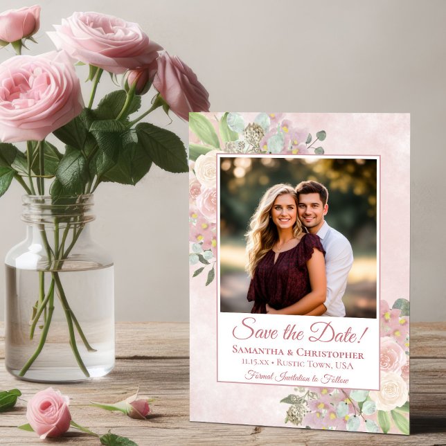 Reserve A Data Água Rosa Floral Foto Boho Chic Casamento (Criador carregado)