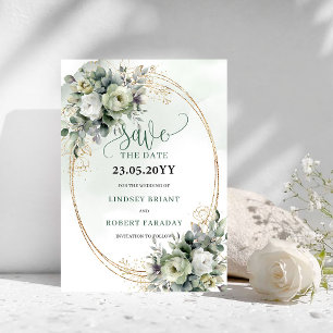 Reserve A Data Água verde dourada Eucalipto Save The Date aquarel