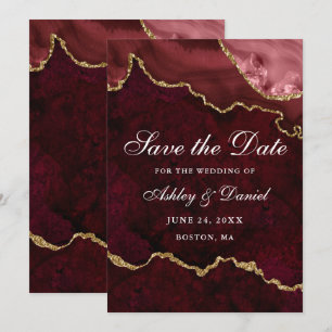 Reserve A Data Aguarela Geodo de Ágata Mármore Burgundy Dourado