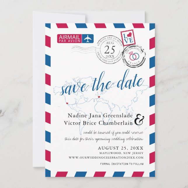 Reserve A Data Airmail Heart Los Angeles e França salvem a data (Frente)