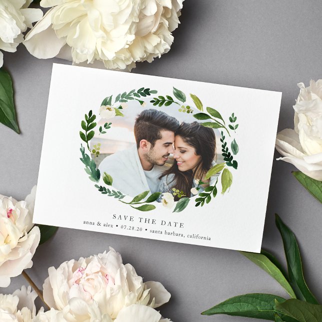 Reserve A Data Alabaster Wreath Photo Save the Date Card (Criador carregado)
