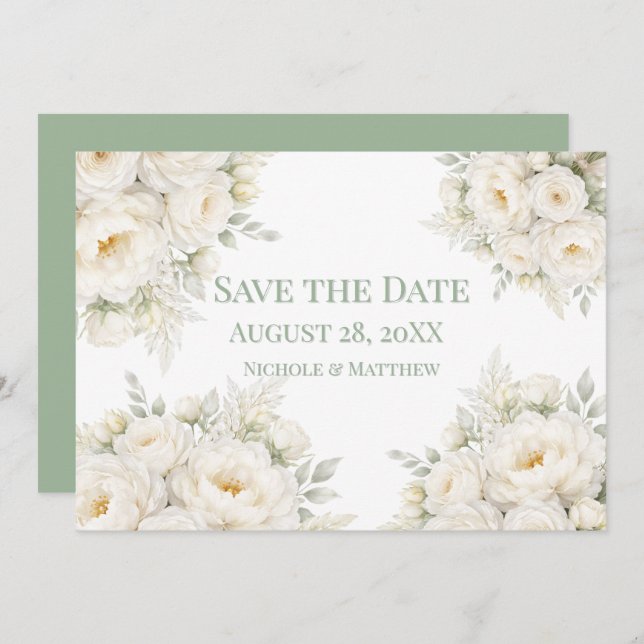Reserve A Data All White Floral Wedding Save the Date (Frente/Verso)