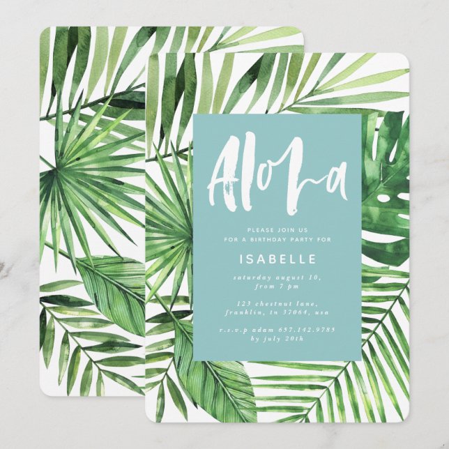Reserve A Data Aloha teal tropical palm folha e script aniversári (Frente/Verso)