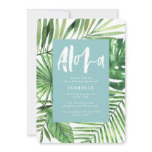Aloha teal tropical palm folha e script aniversári