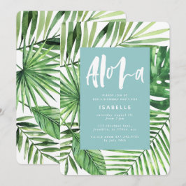 Reserve A Data Aloha teal tropical palm folha e script aniversári