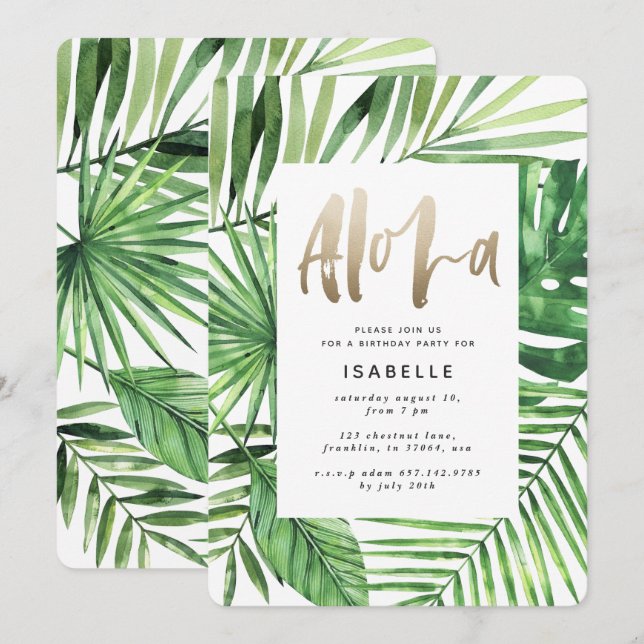 Reserve A Data Aloha tropical palm & gold script aniversário (Frente/Verso)
