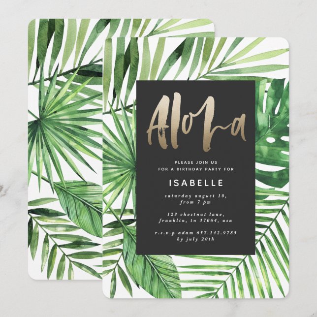 Reserve A Data Aloha tropical palm & gold script party (Frente/Verso)