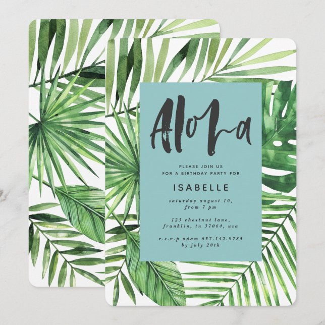 Reserve A Data Aloha tropical Palm leaf e script teou aniversário (Frente/Verso)