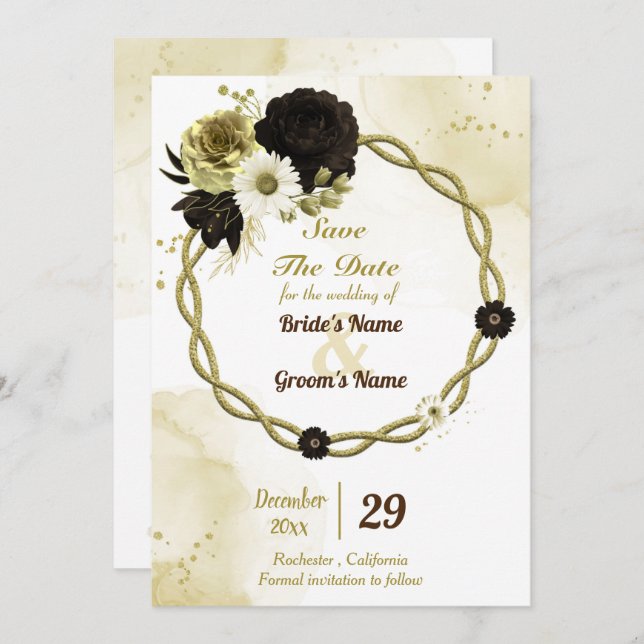 Reserve A Data Amarelo dourado marrom coroa floral (Frente/Verso)