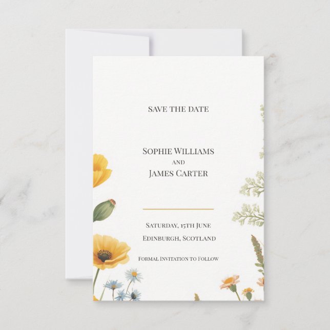 Reserve A Data Amarelo Poppy Fern Botânico Casamento Escocês (Frente)