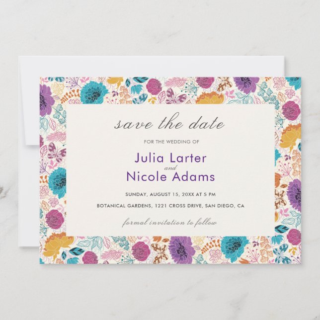 Reserve A Data Amor em Flor Floral Romântico Rosa Roxo Casamento (Frente)