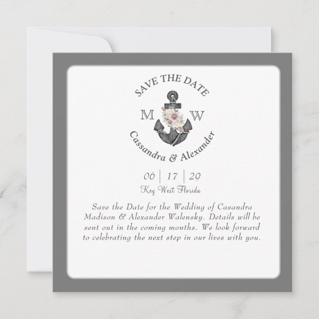Reserve A Data Âncora Floral Casamento Náutico Cinza Prata Branco (Frente)